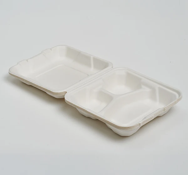 8-inch 3-compartment bagasse clamshell