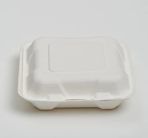 8-inch hinged bagasse clamshell, closed