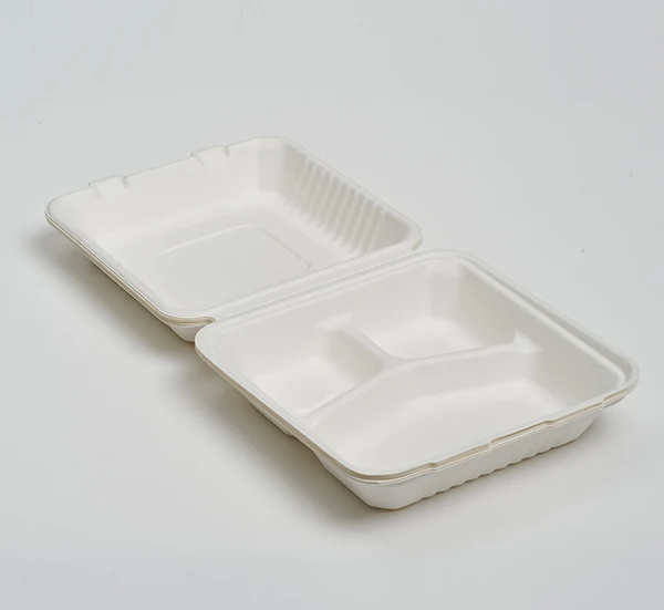 9-inch 3-compartment bagasse clamshell
